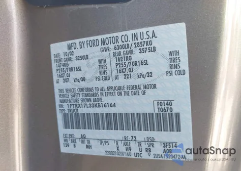 2003 Ford F150 Lariat/Xl/Xlt from USA, damaged, VIN 1FTRX17L33KB16164